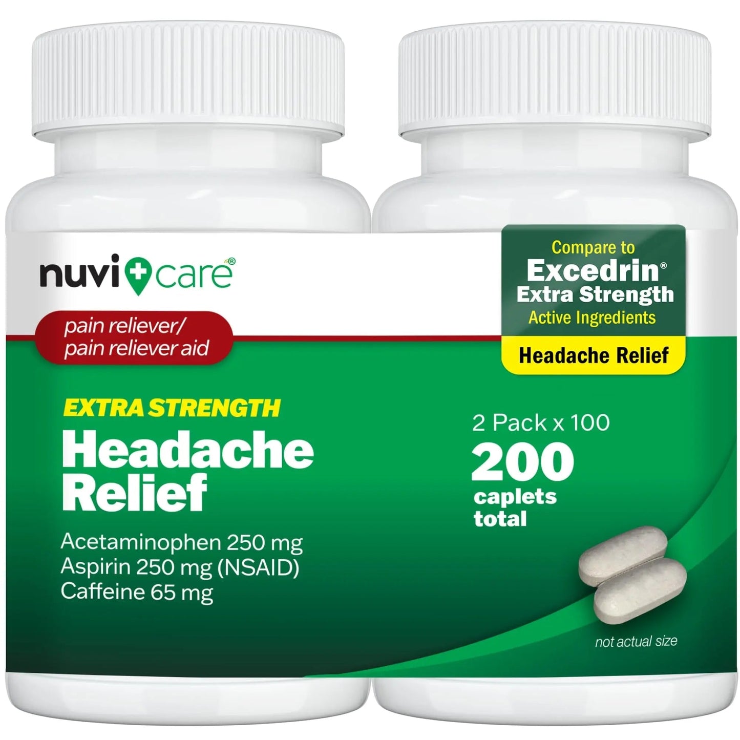 NUVICARE Headache Relief with Acetaminophen 250 mg, Aspirin (NSAID) 250 mg, Caffeine 65 mg - Temporary Relief of Minor Aches & Pains - Compare to Excedrin Extra Strength Pain Reliever (2 Pack) - dailyvitalstore