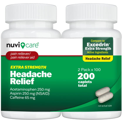 NUVICARE Headache Relief with Acetaminophen 250 mg, Aspirin (NSAID) 250 mg, Caffeine 65 mg - Temporary Relief of Minor Aches & Pains - Compare to Excedrin Extra Strength Pain Reliever (2 Pack) - dailyvitalstore