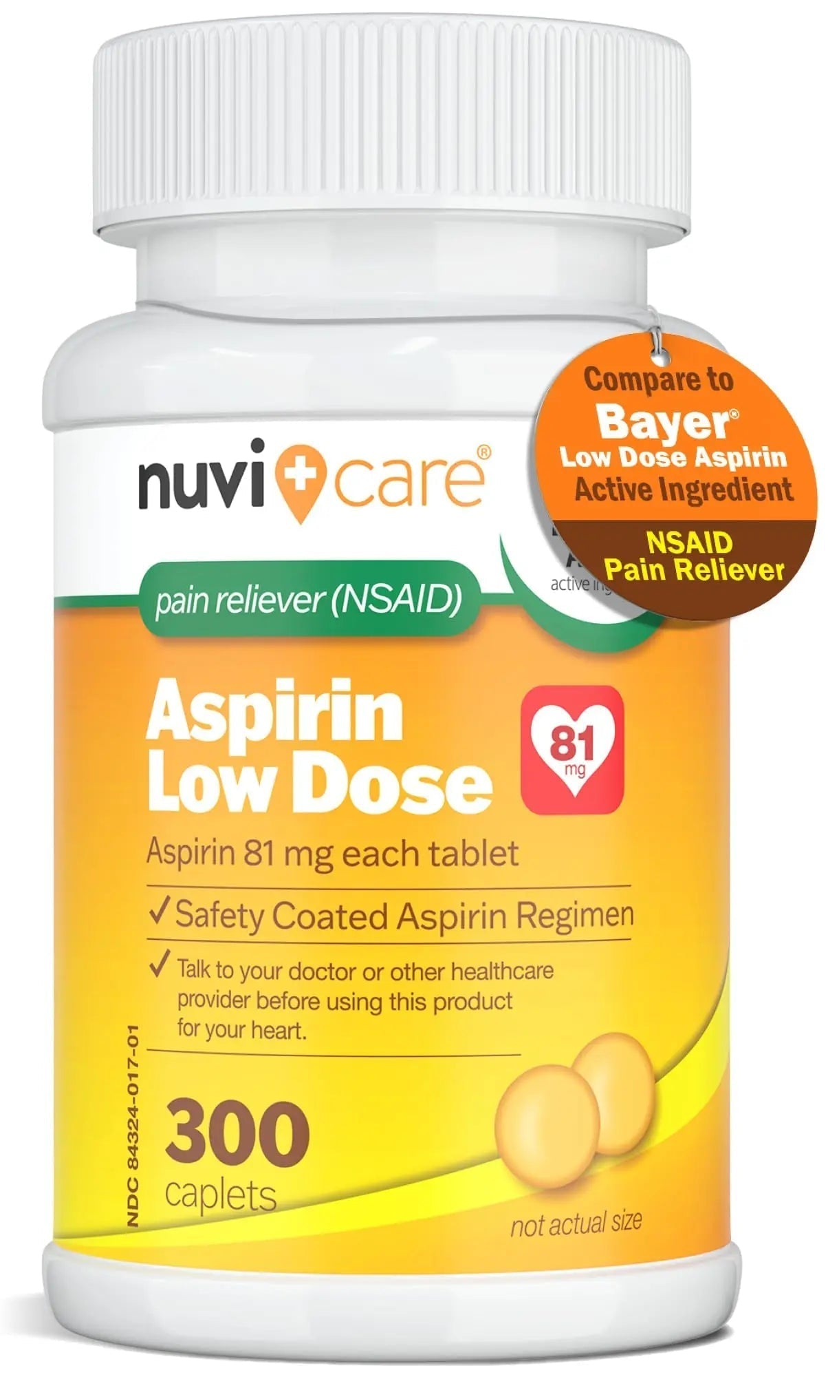 NUVICARE Low Dose Aspirin 81mg for Adults Coated Caplets - Compare to Active Ingredient in Low Dose Bayer Aspirin for Adults - Safety Coated (300 Count) - dailyvitalstore
