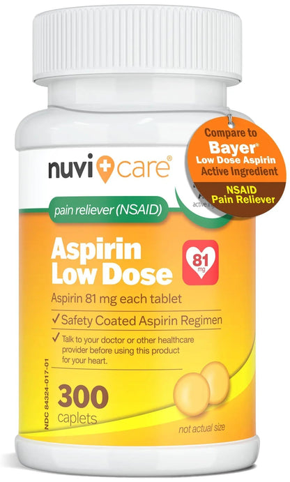 NUVICARE Low Dose Aspirin 81mg for Adults Coated Caplets - Compare to Active Ingredient in Low Dose Bayer Aspirin for Adults - Safety Coated (300 Count) - dailyvitalstore