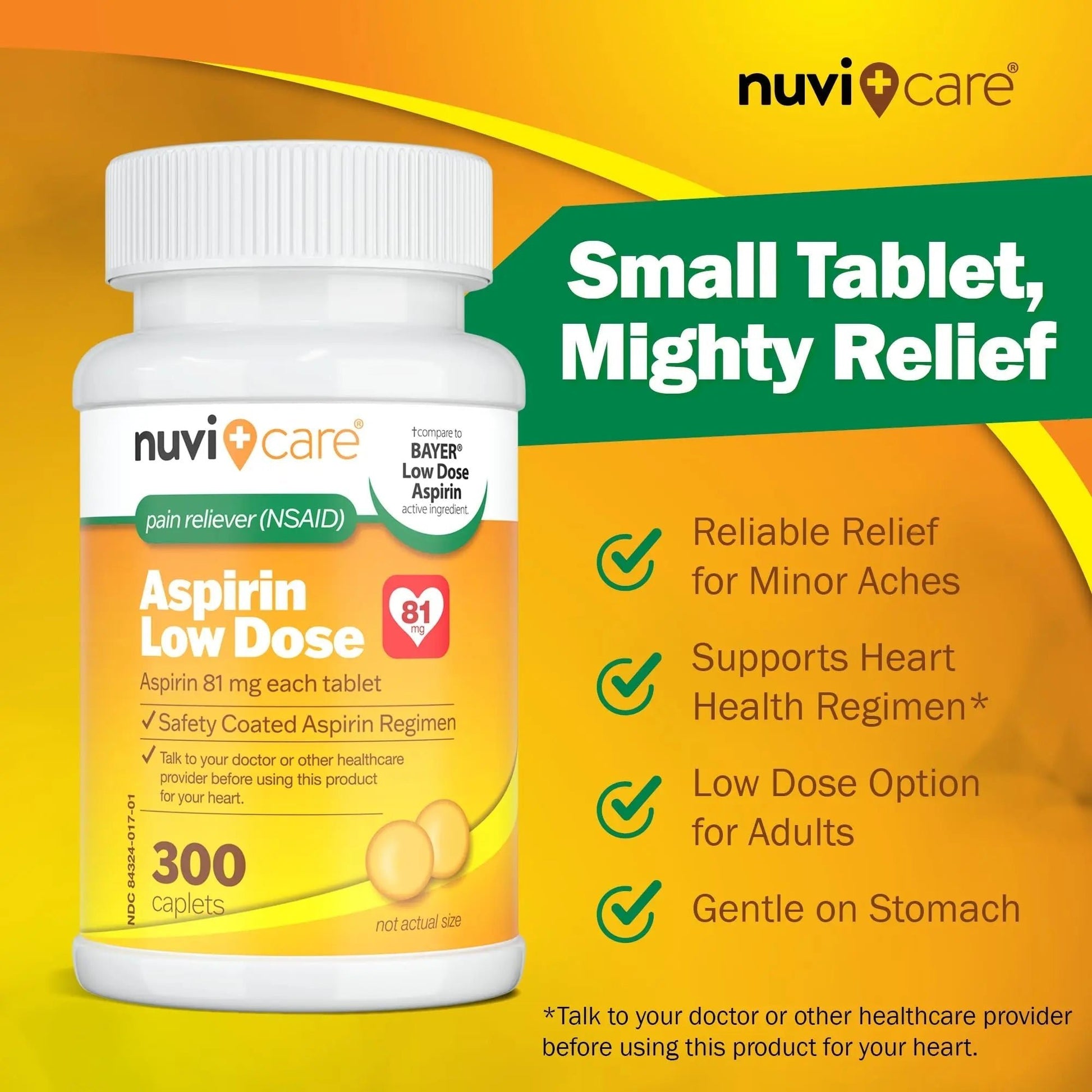 NUVICARE Low Dose Aspirin 81mg for Adults Coated Caplets - Compare to Active Ingredient in Low Dose Bayer Aspirin for Adults - Safety Coated (300 Count) - dailyvitalstore