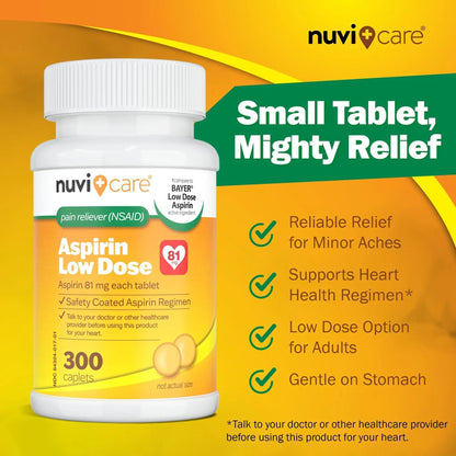 NUVICARE Low Dose Aspirin 81mg for Adults Coated Caplets - Compare to Active Ingredient in Low Dose Bayer Aspirin for Adults - Safety Coated (300 Count) - dailyvitalstore