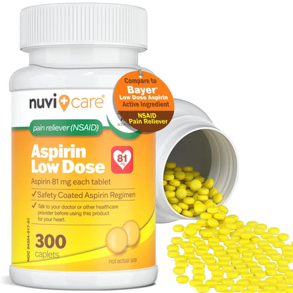 NUVICARE Low Dose Aspirin 81mg for Adults Coated Caplets - Compare to Active Ingredient in Low Dose Bayer Aspirin for Adults - Safety Coated (300 Count) - dailyvitalstore