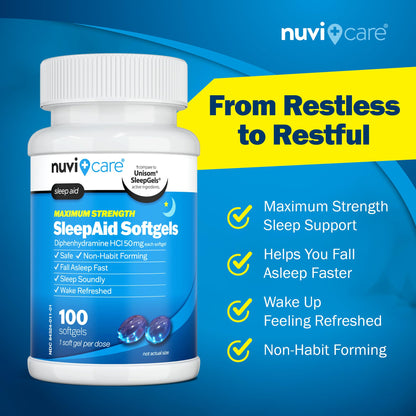 NUVICARE Maximum Strength SleepAid Soft Gels - Nighttime Sleep Aid with Diphenhydramine HCl 50mg - Non Habit Forming Sleeping Pills for Adults - Extra Strong OTC Sleep Aids for Adults (100 Count) - dailyvitalstore