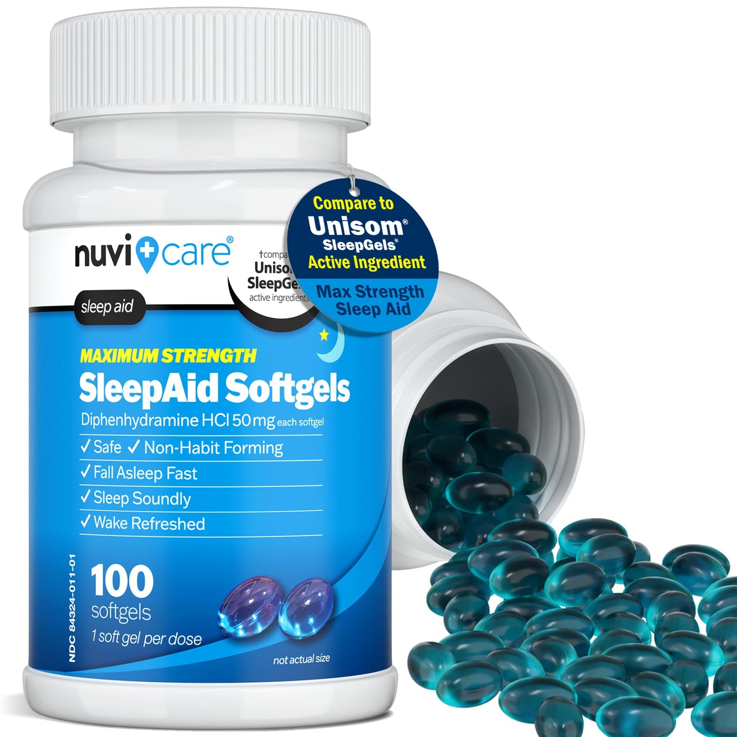 NUVICARE Maximum Strength SleepAid Soft Gels - Nighttime Sleep Aid with Diphenhydramine HCl 50mg - Non Habit Forming Sleeping Pills for Adults - Extra Strong OTC Sleep Aids for Adults (100 Count) - dailyvitalstore