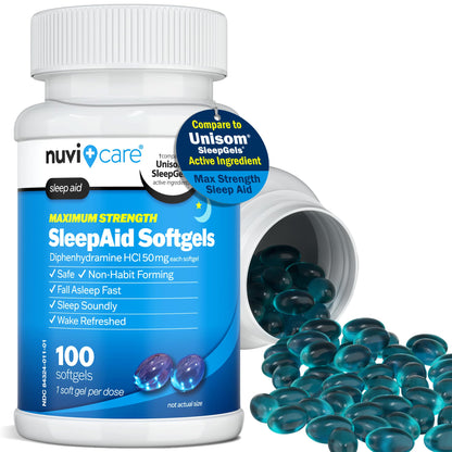 NUVICARE Maximum Strength SleepAid Soft Gels - Nighttime Sleep Aid with Diphenhydramine HCl 50mg - Non Habit Forming Sleeping Pills for Adults - Extra Strong OTC Sleep Aids for Adults (100 Count) - dailyvitalstore