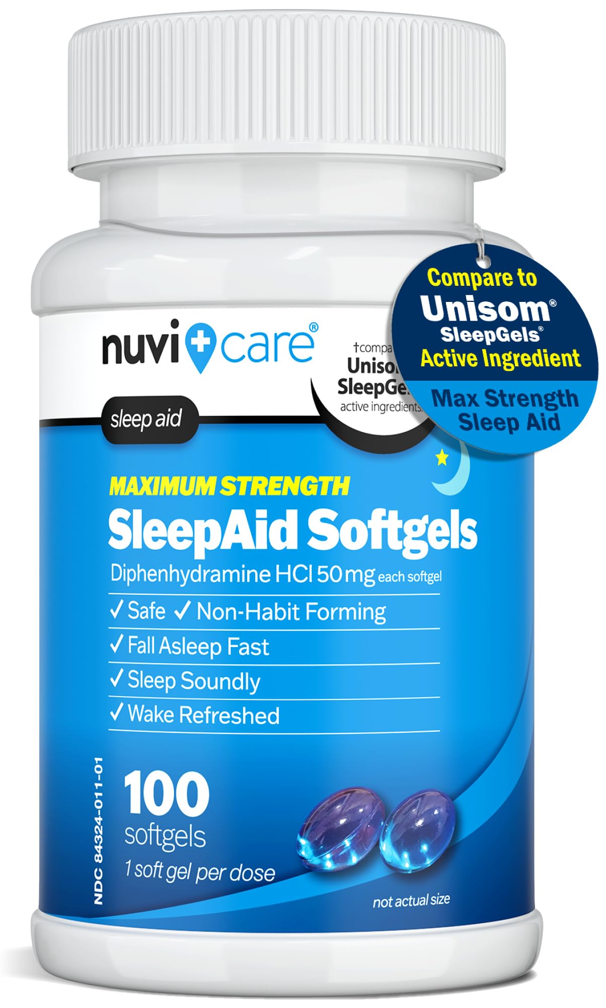 NUVICARE Maximum Strength SleepAid Soft Gels - Nighttime Sleep Aid with Diphenhydramine HCl 50mg - Non Habit Forming Sleeping Pills for Adults - Extra Strong OTC Sleep Aids for Adults (100 Count) - dailyvitalstore