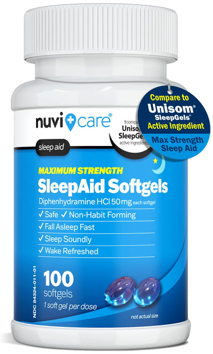 NUVICARE Maximum Strength SleepAid Soft Gels - Nighttime Sleep Aid with Diphenhydramine HCl 50mg - Non Habit Forming Sleeping Pills for Adults - Extra Strong OTC Sleep Aids for Adults (100 Count) - dailyvitalstore