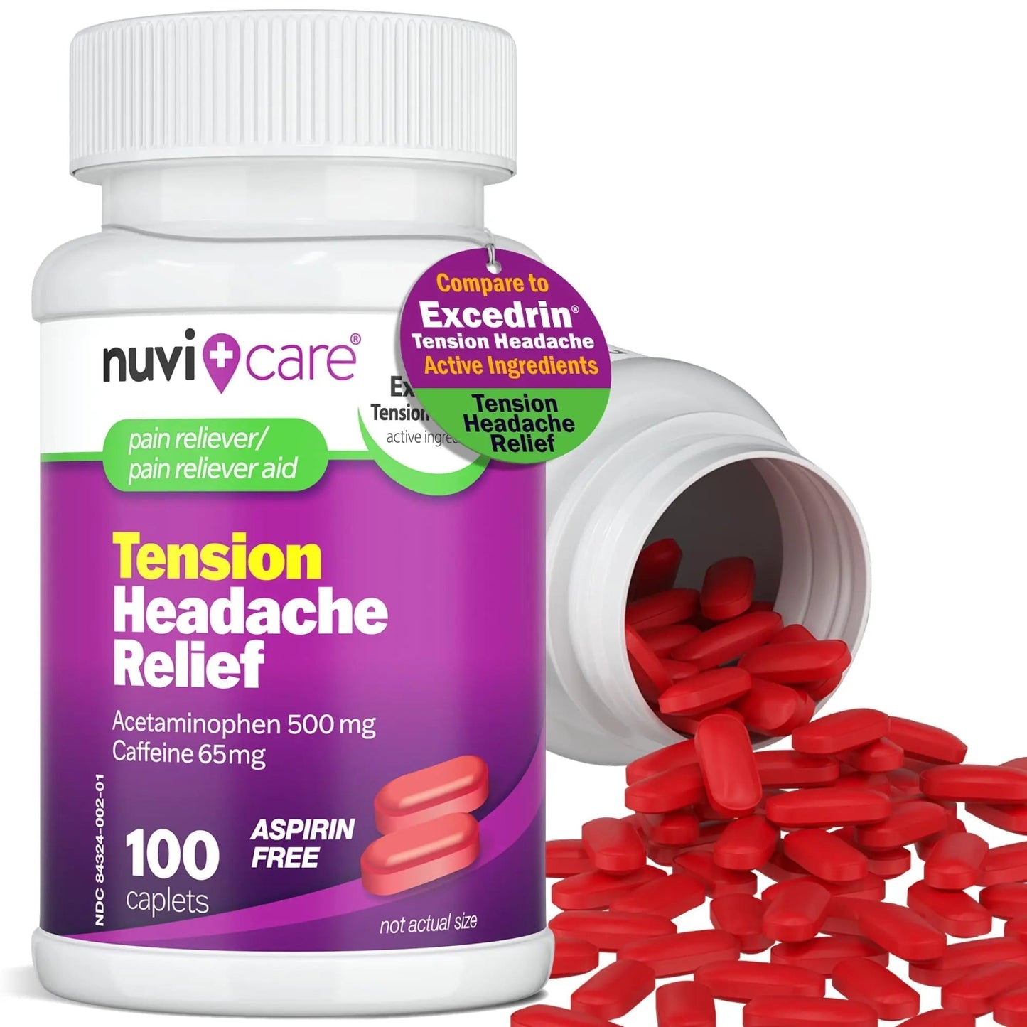 Nuvicare Tension Headache Relief Pills with 500mg Acetaminophen and 65mg Caffeine - Non Aspirin Pain Reliever Aid - Compare to Active Ingredient in Aspirin Free Excedrin Tension Headache (100 Caplets) - dailyvitalstore