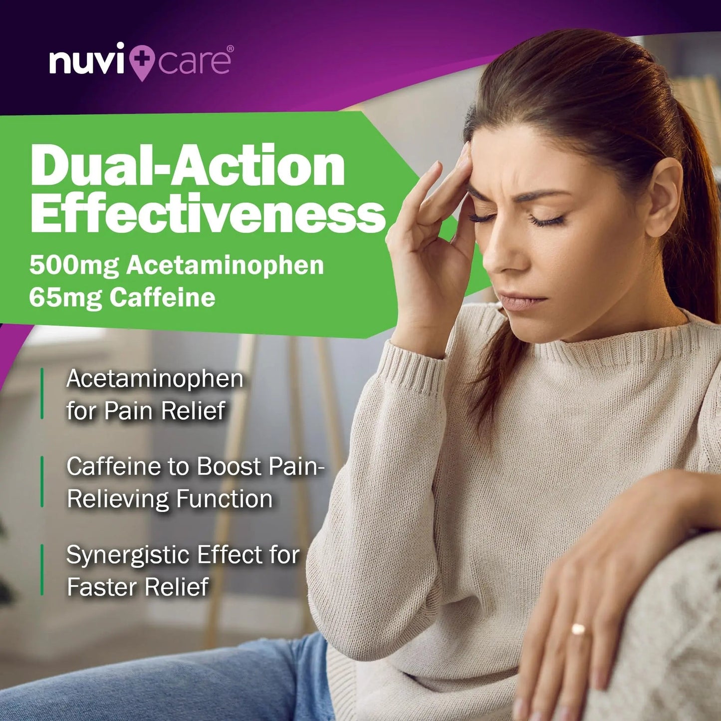 Nuvicare Tension Headache Relief Pills with 500mg Acetaminophen and 65mg Caffeine - Non Aspirin Pain Reliever Aid - Compare to Active Ingredient in Aspirin Free Excedrin Tension Headache (100 Caplets) - dailyvitalstore