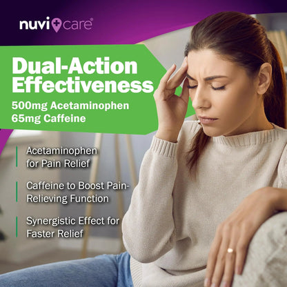 Nuvicare Tension Headache Relief Pills with 500mg Acetaminophen and 65mg Caffeine - Non Aspirin Pain Reliever Aid - Compare to Active Ingredient in Aspirin Free Excedrin Tension Headache (100 Caplets) - dailyvitalstore