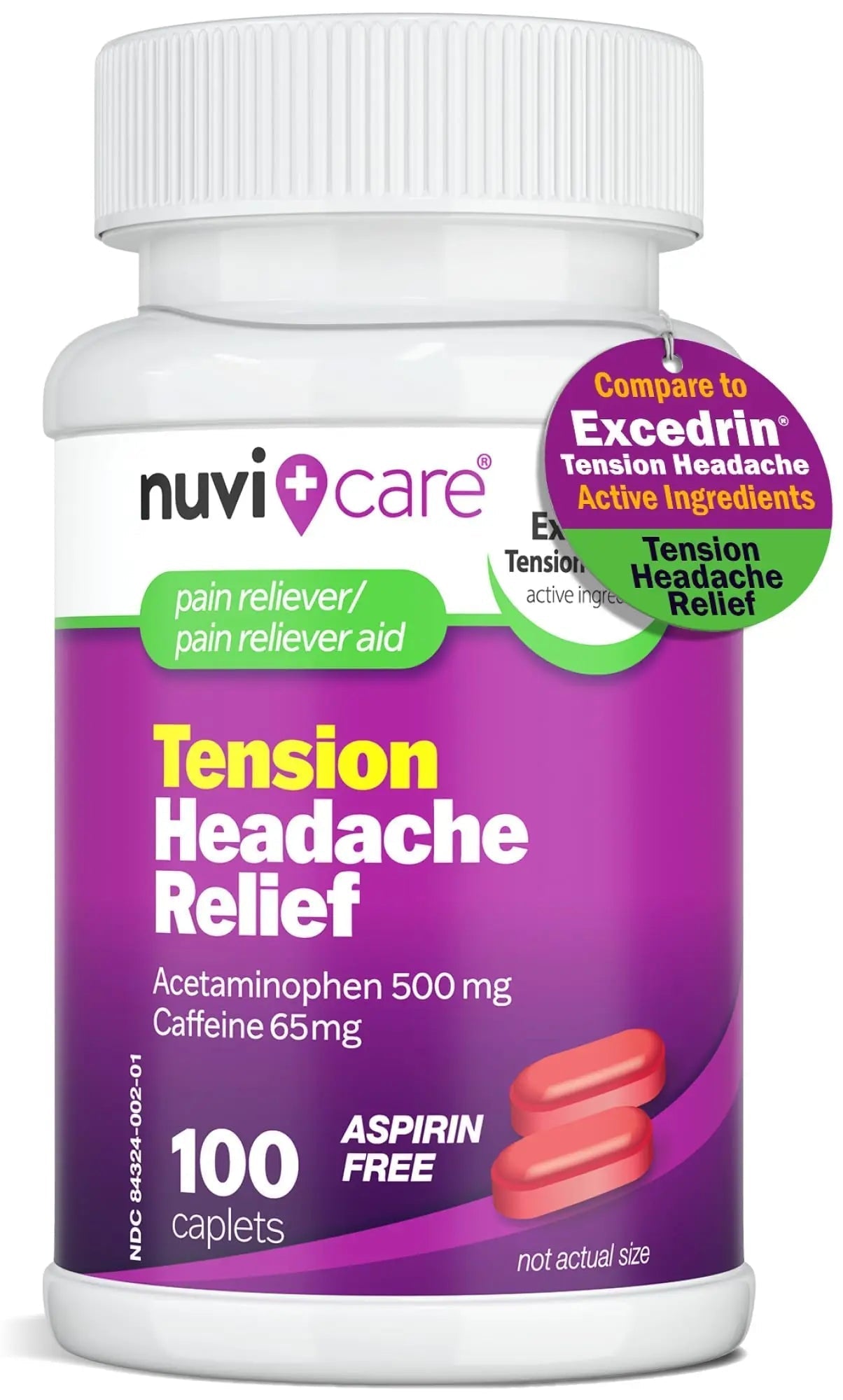 Nuvicare Tension Headache Relief Pills with 500mg Acetaminophen and 65mg Caffeine - Non Aspirin Pain Reliever Aid - Compare to Active Ingredient in Aspirin Free Excedrin Tension Headache (100 Caplets) - dailyvitalstore