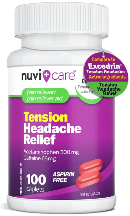 Nuvicare Tension Headache Relief Pills with 500mg Acetaminophen and 65mg Caffeine - Non Aspirin Pain Reliever Aid - Compare to Active Ingredient in Aspirin Free Excedrin Tension Headache (100 Caplets) - dailyvitalstore