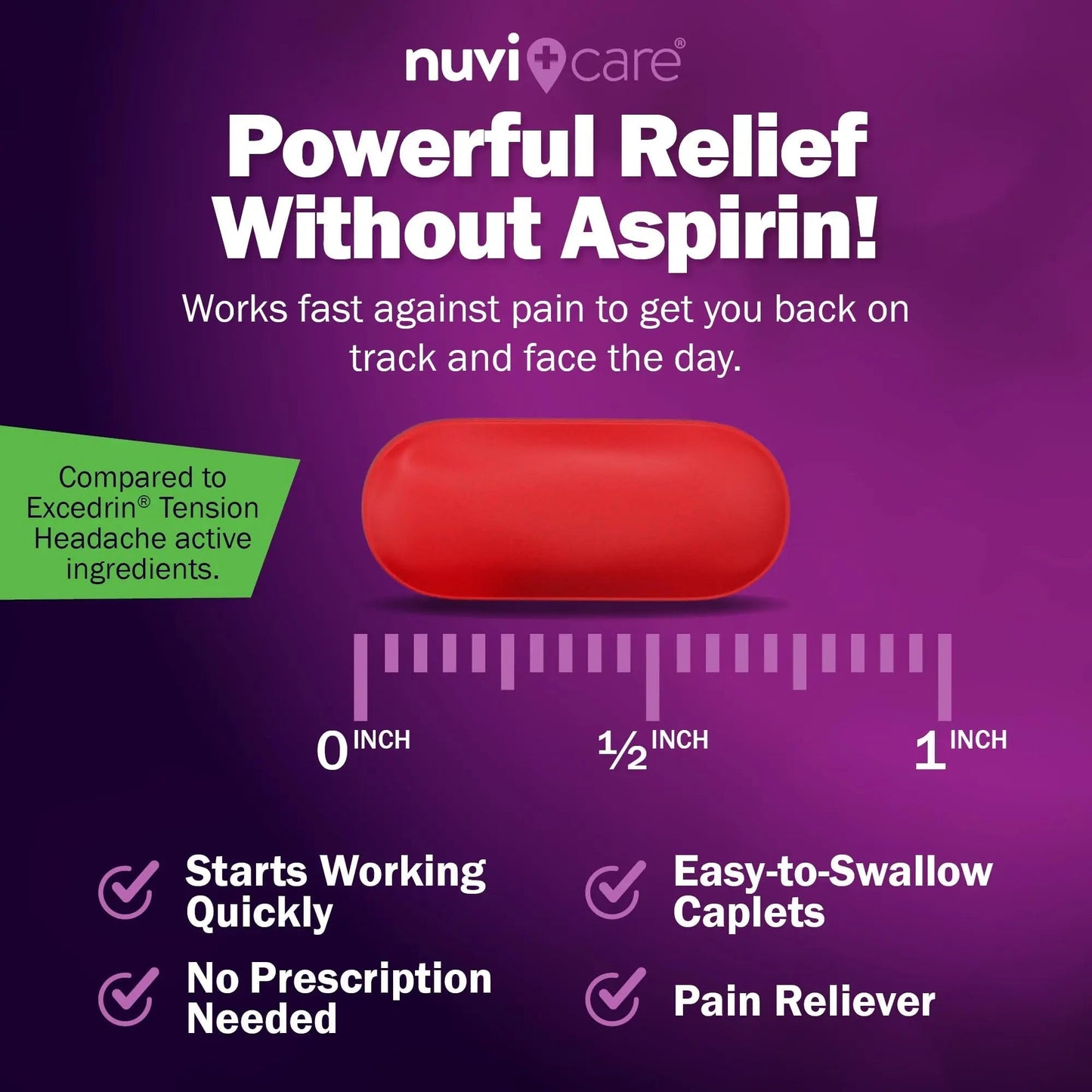 Nuvicare Tension Headache Relief Pills with 500mg Acetaminophen and 65mg Caffeine - Non Aspirin Pain Reliever Aid - Compare to Active Ingredient in Aspirin Free Excedrin Tension Headache (100 Caplets) - dailyvitalstore