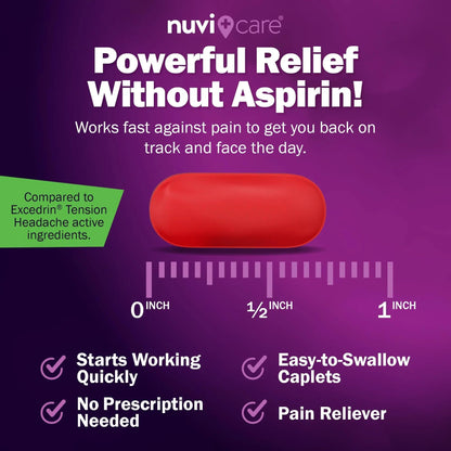 Nuvicare Tension Headache Relief Pills with 500mg Acetaminophen and 65mg Caffeine - Non Aspirin Pain Reliever Aid - Compare to Active Ingredient in Aspirin Free Excedrin Tension Headache (100 Caplets) - dailyvitalstore