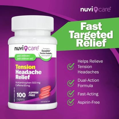 Nuvicare Tension Headache Relief Pills with 500mg Acetaminophen and 65mg Caffeine - Non Aspirin Pain Reliever Aid - Compare to Active Ingredient in Aspirin Free Excedrin Tension Headache (100 Caplets) - dailyvitalstore