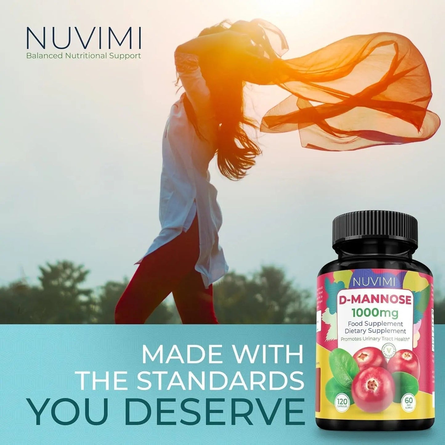 NUVIMI D Mannose 120 Capsules - 1000 mg per Dose - Dietary Supplement Helps Promote Urinary Tract Health - Natural Vegan UTI Defense - dailyvitalstore