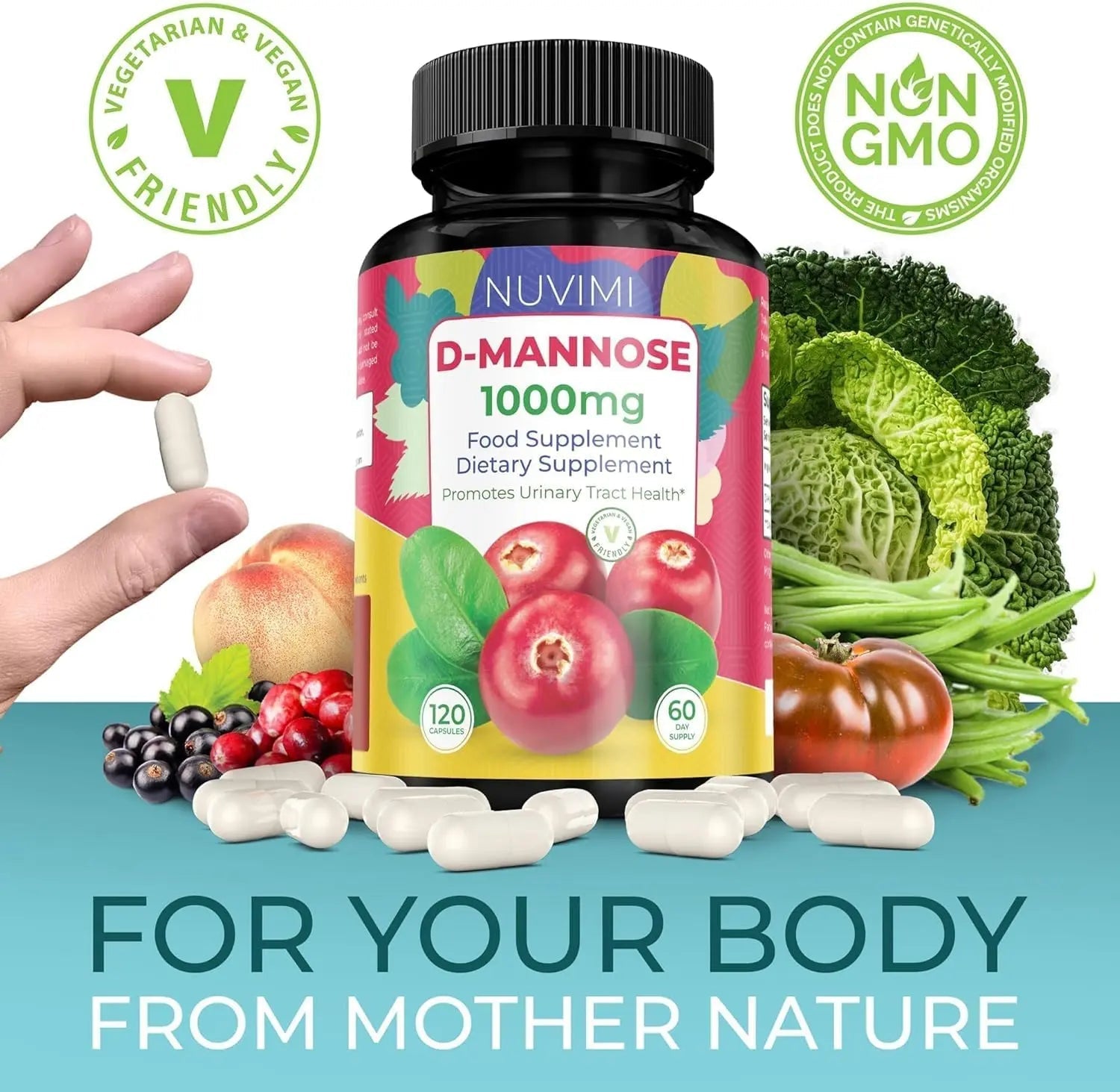 NUVIMI D Mannose 120 Capsules - 1000 mg per Dose - Dietary Supplement Helps Promote Urinary Tract Health - Natural Vegan UTI Defense - dailyvitalstore