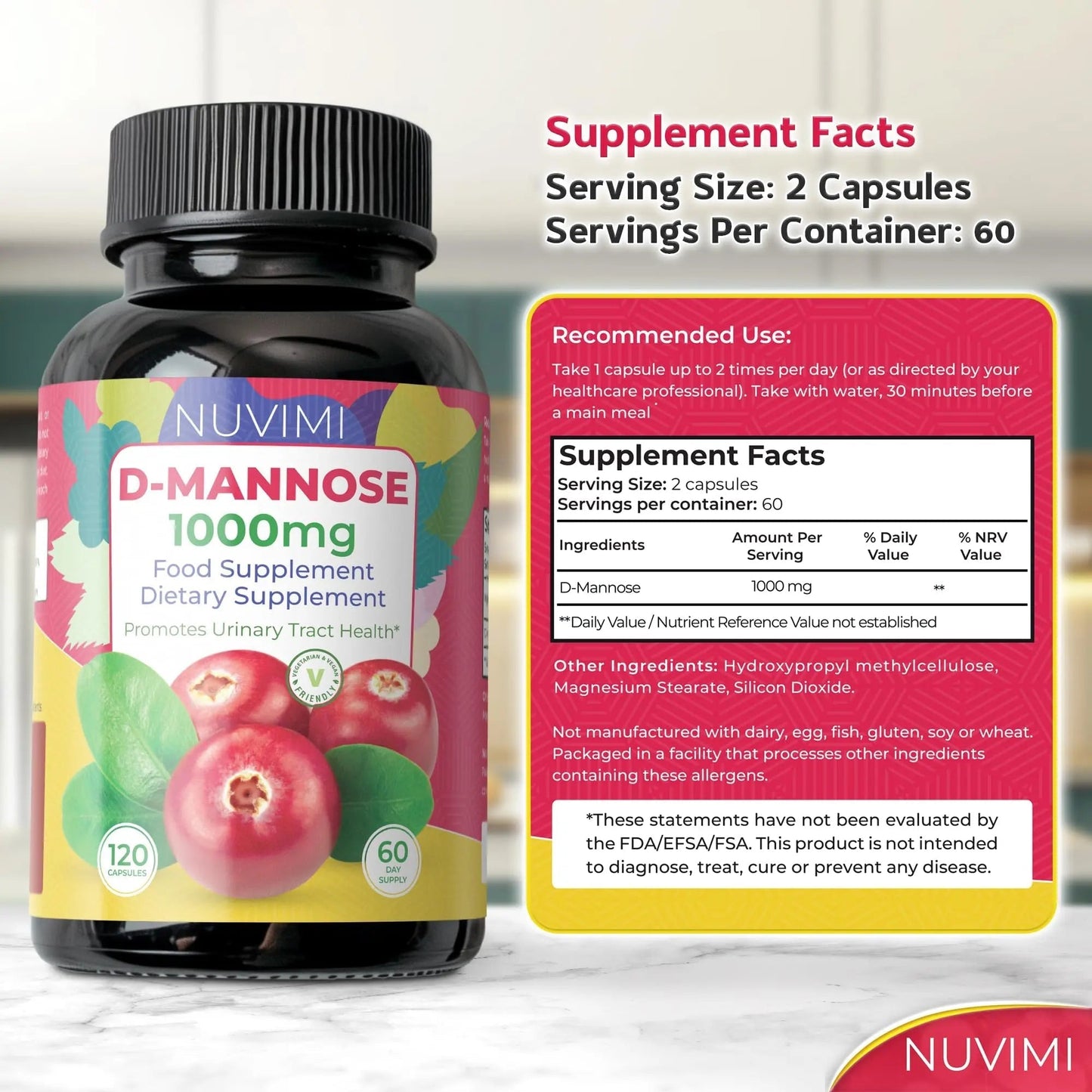 NUVIMI D Mannose 120 Capsules - 1000 mg per Dose - Dietary Supplement Helps Promote Urinary Tract Health - Natural Vegan UTI Defense - dailyvitalstore