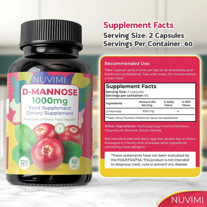 NUVIMI D Mannose 120 Capsules - 1000 mg per Dose - Dietary Supplement Helps Promote Urinary Tract Health - Natural Vegan UTI Defense - dailyvitalstore