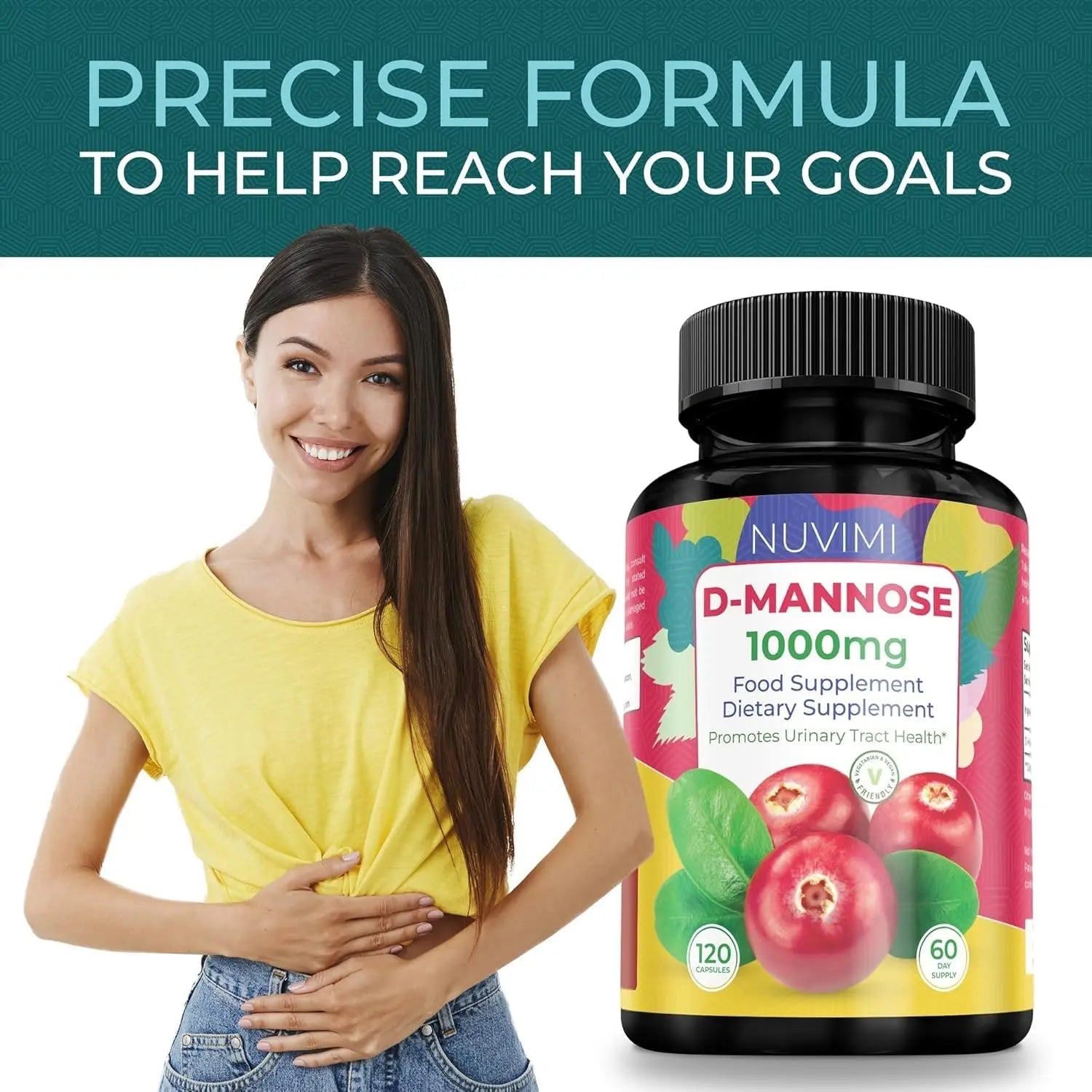 NUVIMI D Mannose 120 Capsules - 1000 mg per Dose - Dietary Supplement Helps Promote Urinary Tract Health - Natural Vegan UTI Defense - dailyvitalstore