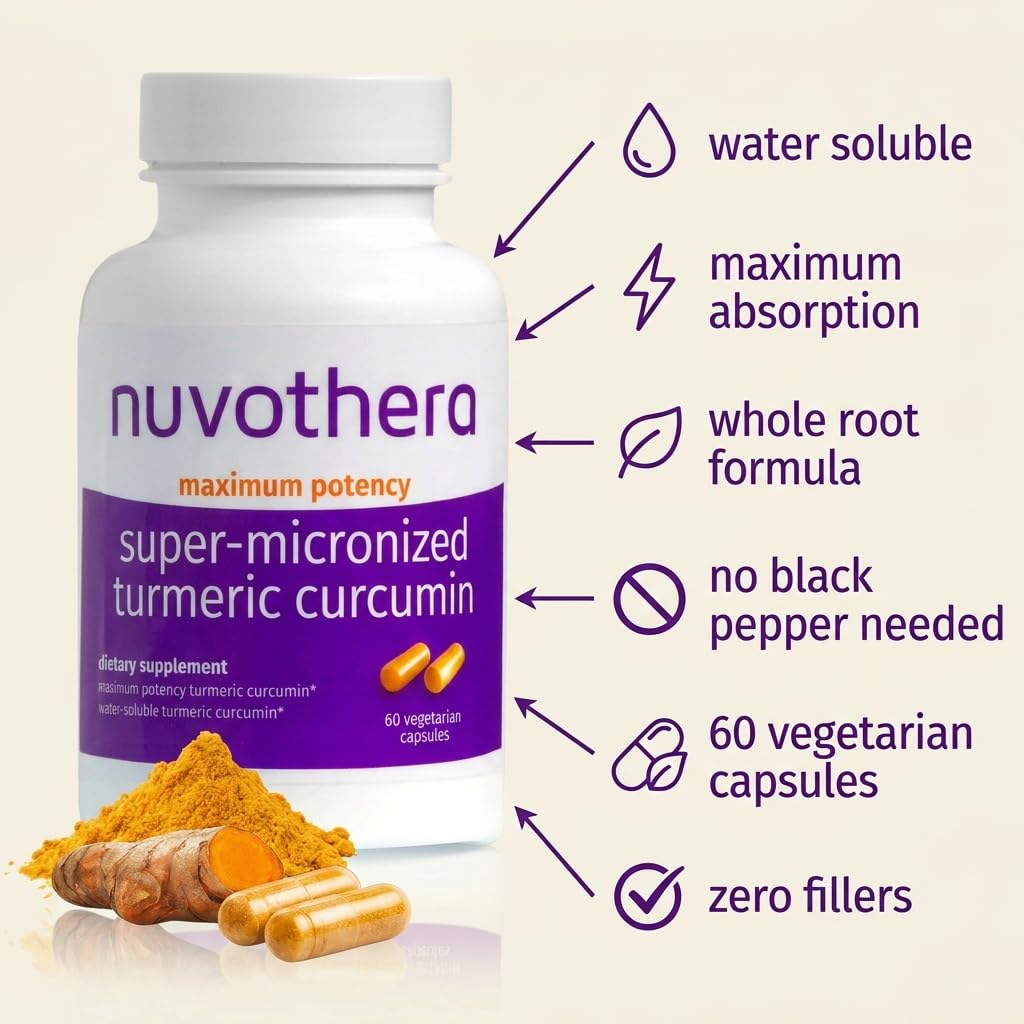 Nuvothera Super-Micronized Turmeric Curcumin Capsules Rapid Absorption, Whole Root, Non-GMO, Skin, Gut Health & Antioxidants (1 Month Pack (60 Capsules)) - dailyvitalstore