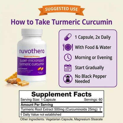 Nuvothera Super-Micronized Turmeric Curcumin Capsules Rapid Absorption, Whole Root, Non-GMO, Skin, Gut Health & Antioxidants (1 Month Pack (60 Capsules)) - dailyvitalstore