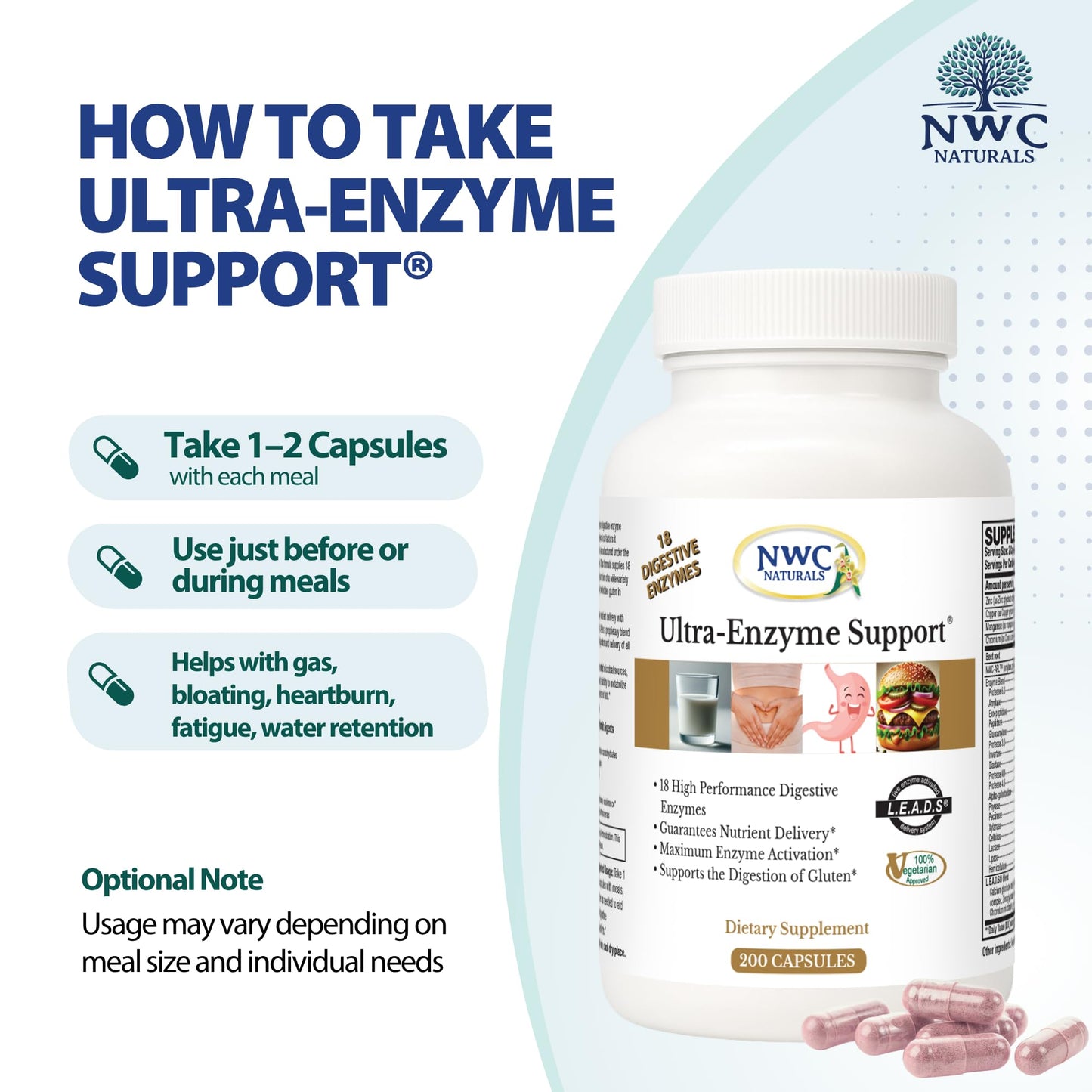NWC Naturals Ultra-Enzyme Support, Natural Digestive Supplement, Promotes Optimal Health and Digestion, 200 count Capsules - dailyvitalstore