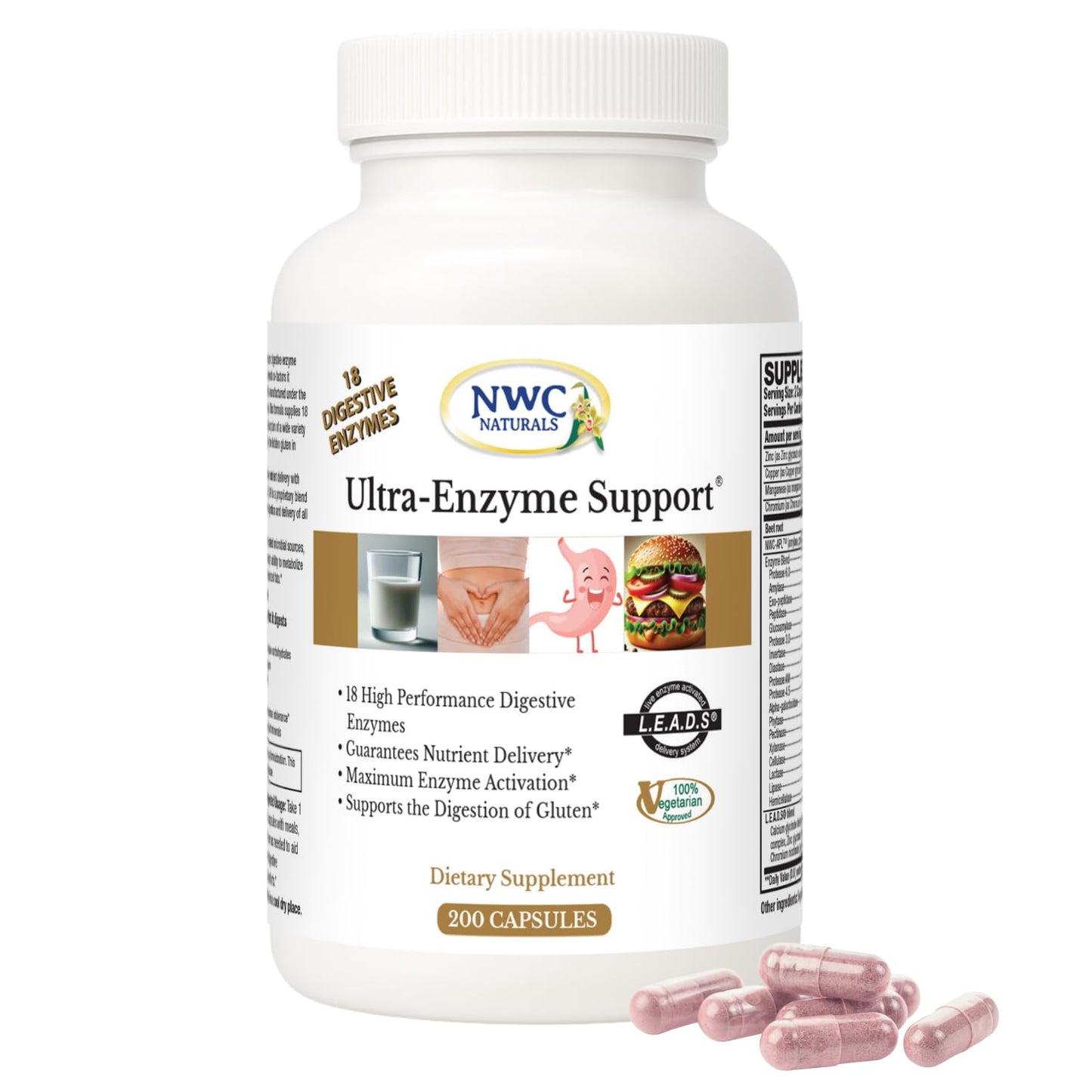 NWC Naturals Ultra-Enzyme Support, Natural Digestive Supplement, Promotes Optimal Health and Digestion, 200 count Capsules - dailyvitalstore