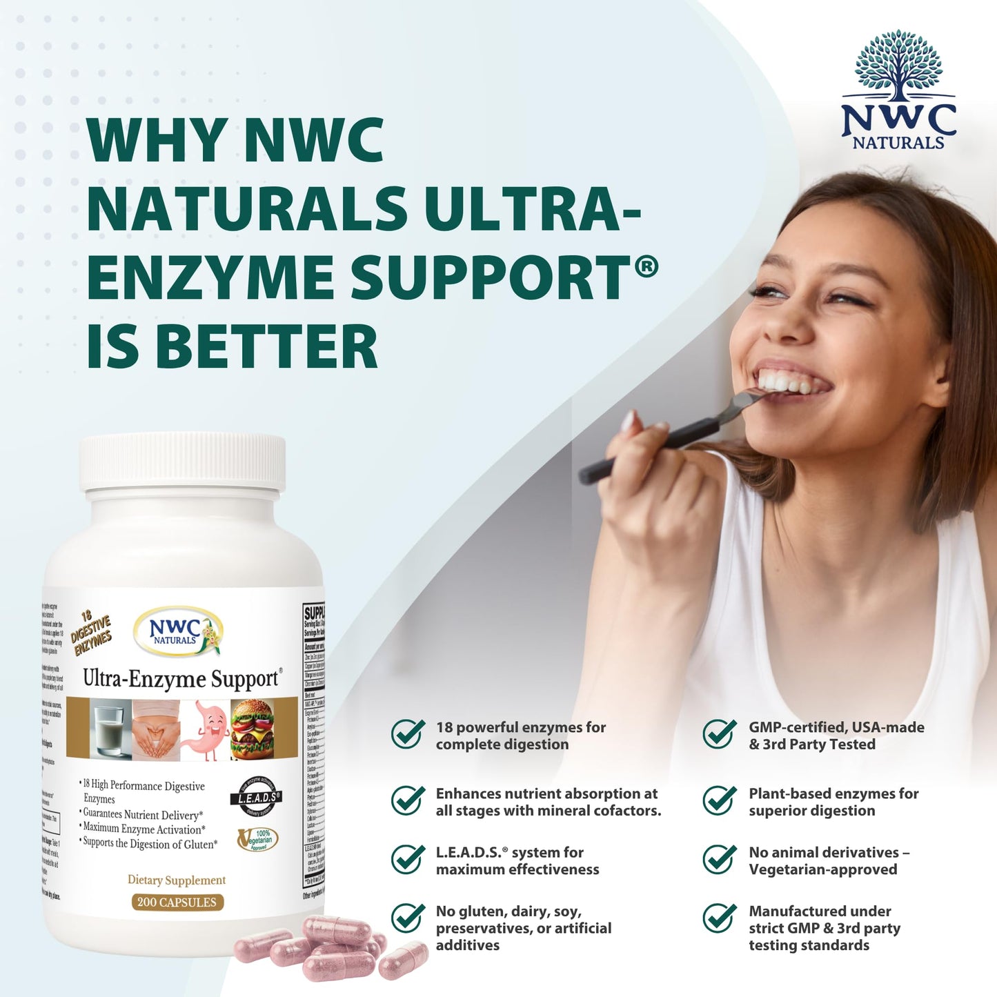 NWC Naturals Ultra-Enzyme Support, Natural Digestive Supplement, Promotes Optimal Health and Digestion, 200 count Capsules - dailyvitalstore