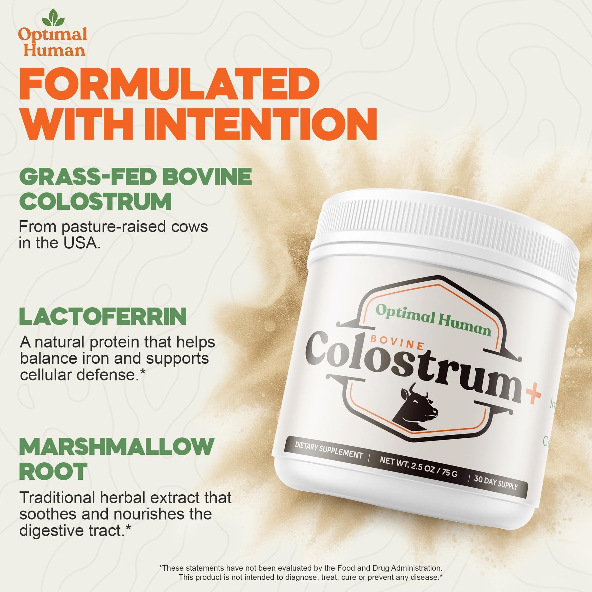 O H Optimal Human Bovine Colostrum Powder with Marshmallow Root – Gut & Immune Support Colostrum Supplement Capsules with IgG & Protein – Non-GMO, GMP Certified, Made in USA – Unflavored 30 Servings - dailyvitalstore