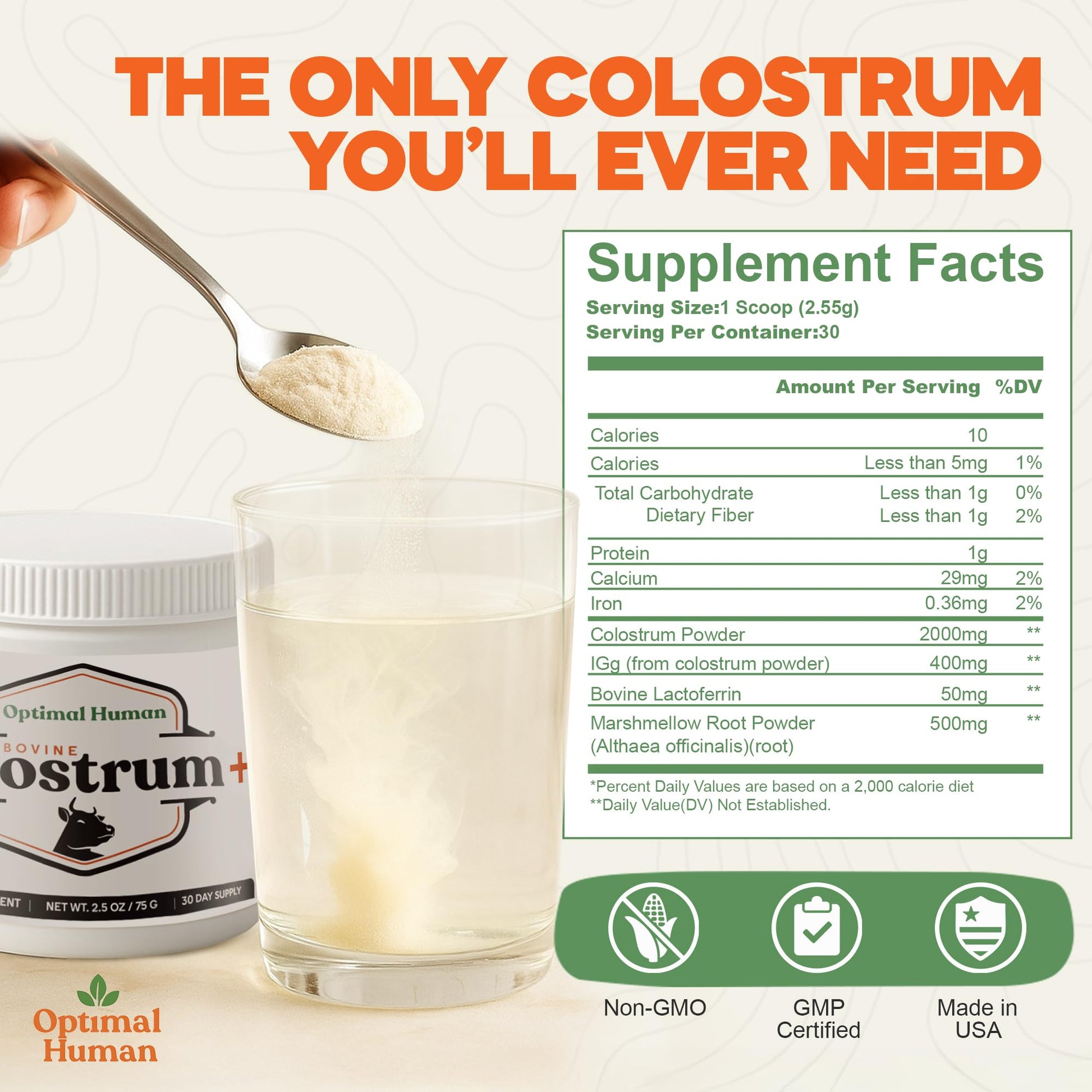 O H Optimal Human Bovine Colostrum Powder with Marshmallow Root – Gut & Immune Support Colostrum Supplement Capsules with IgG & Protein – Non-GMO, GMP Certified, Made in USA – Unflavored 30 Servings - dailyvitalstore