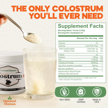 O H Optimal Human Bovine Colostrum Powder with Marshmallow Root – Gut & Immune Support Colostrum Supplement Capsules with IgG & Protein – Non-GMO, GMP Certified, Made in USA – Unflavored 30 Servings - dailyvitalstore