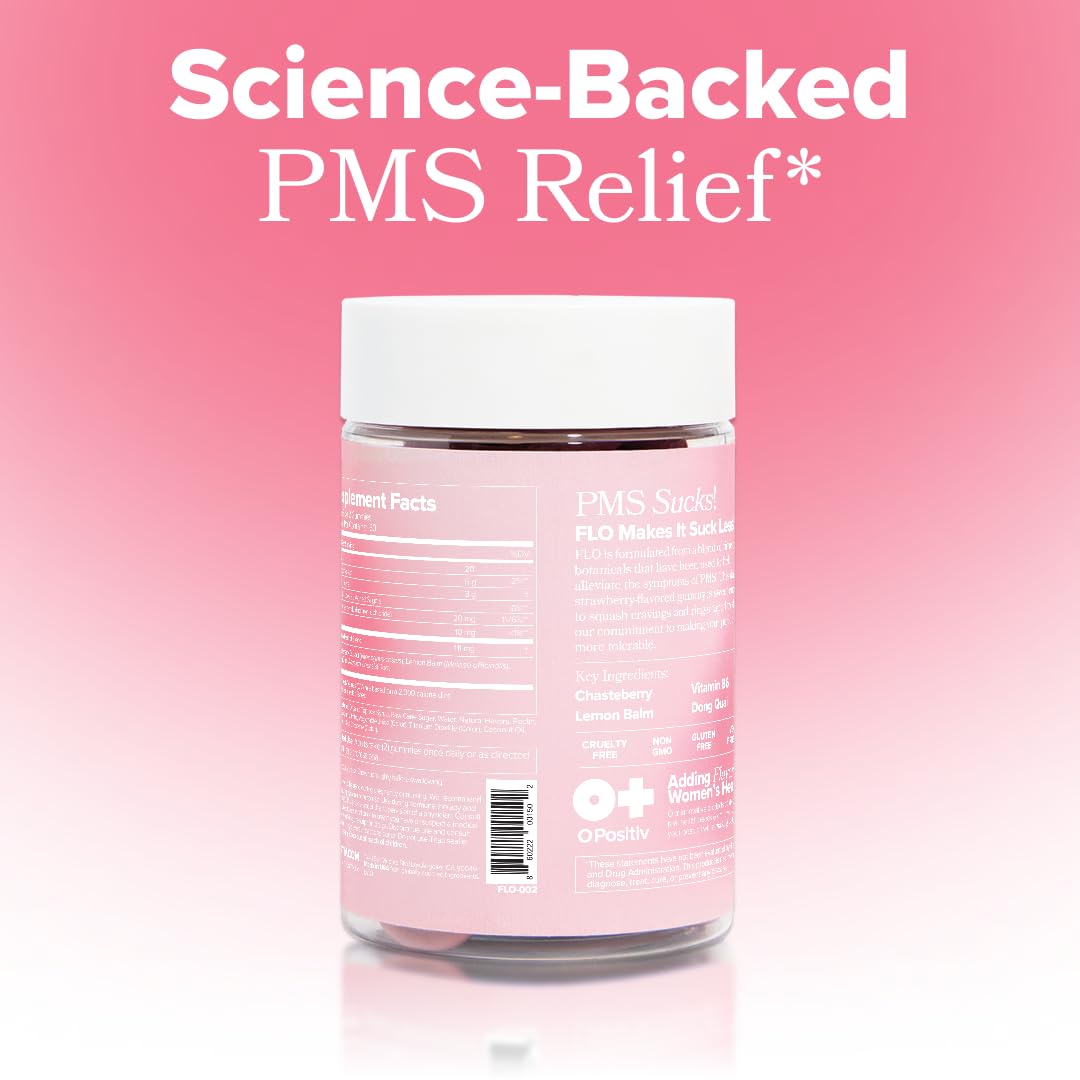 O Positiv FLO PMS Gummies for Women - Proactive PMS Relief - Targets Hormonal Breakouts, Bloating, Cramps, & Mood Swings with Chasteberry - dailyvitalstore