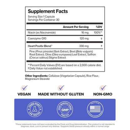 O Positiv MENO Heart + Blood Pressure Support Capsules – Daily Support for Healthy Circulation, Stress Management & Blood Pressure – with CoQ10, Beets, Pine Bark & Saffron – 30 Servings - dailyvitalstore