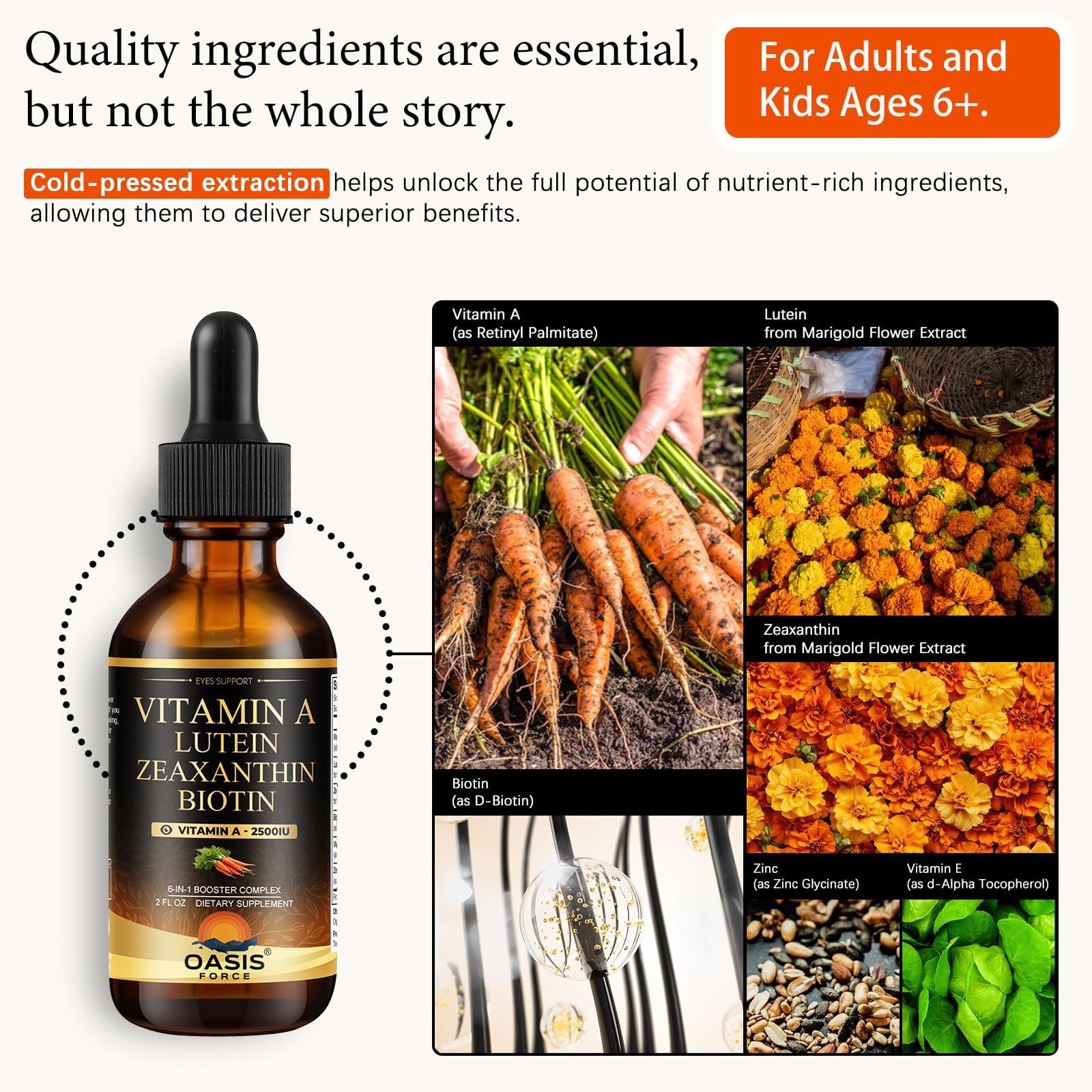 OASIS FORCE 6 in 1 Vitamin A Liquid Drops with Lutein & Zeaxanthin, Vita A Retinyl Palmitate for Skin, Vision & Immune Support, Adults & Kids Ages 6+, Vegan, Non-GMO, 2 Fl Oz - dailyvitalstore