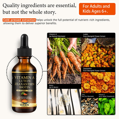 OASIS FORCE 6 in 1 Vitamin A Liquid Drops with Lutein & Zeaxanthin, Vita A Retinyl Palmitate for Skin, Vision & Immune Support, Adults & Kids Ages 6+, Vegan, Non-GMO, 2 Fl Oz - dailyvitalstore