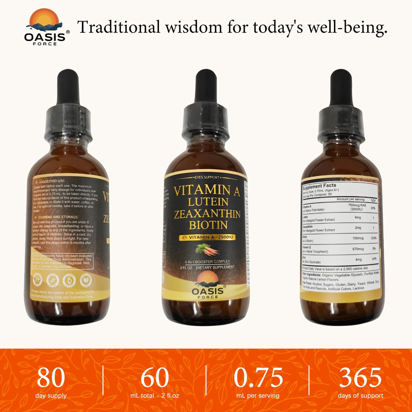 OASIS FORCE 6 in 1 Vitamin A Liquid Drops with Lutein & Zeaxanthin, Vita A Retinyl Palmitate for Skin, Vision & Immune Support, Adults & Kids Ages 6+, Vegan, Non-GMO, 2 Fl Oz - dailyvitalstore