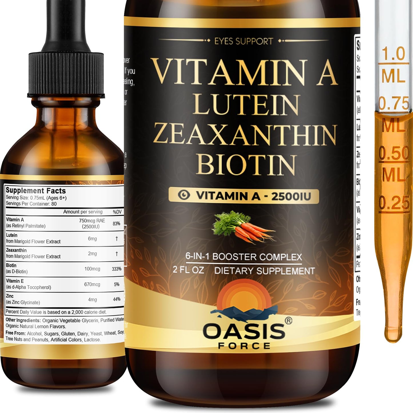 OASIS FORCE 6 in 1 Vitamin A Liquid Drops with Lutein & Zeaxanthin, Vita A Retinyl Palmitate for Skin, Vision & Immune Support, Adults & Kids Ages 6+, Vegan, Non-GMO, 2 Fl Oz - dailyvitalstore