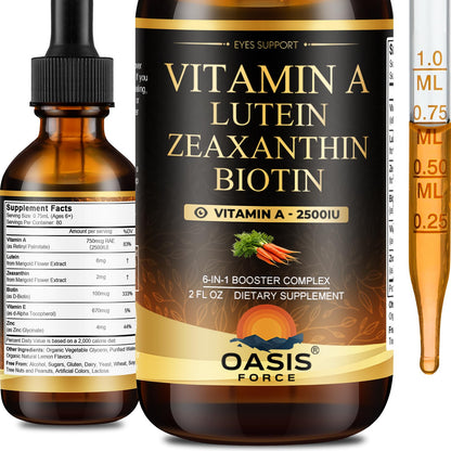 OASIS FORCE 6 in 1 Vitamin A Liquid Drops with Lutein & Zeaxanthin, Vita A Retinyl Palmitate for Skin, Vision & Immune Support, Adults & Kids Ages 6+, Vegan, Non-GMO, 2 Fl Oz - dailyvitalstore