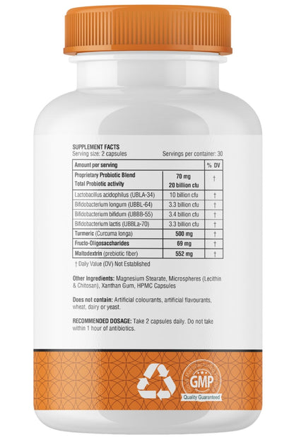 obel Probiotic & Prebiotic Supplement with Turmeric | 20 Billion CFU | 60 Capsules (30 Day Supply) | 4 Strains | Supports Digestion - dailyvitalstore