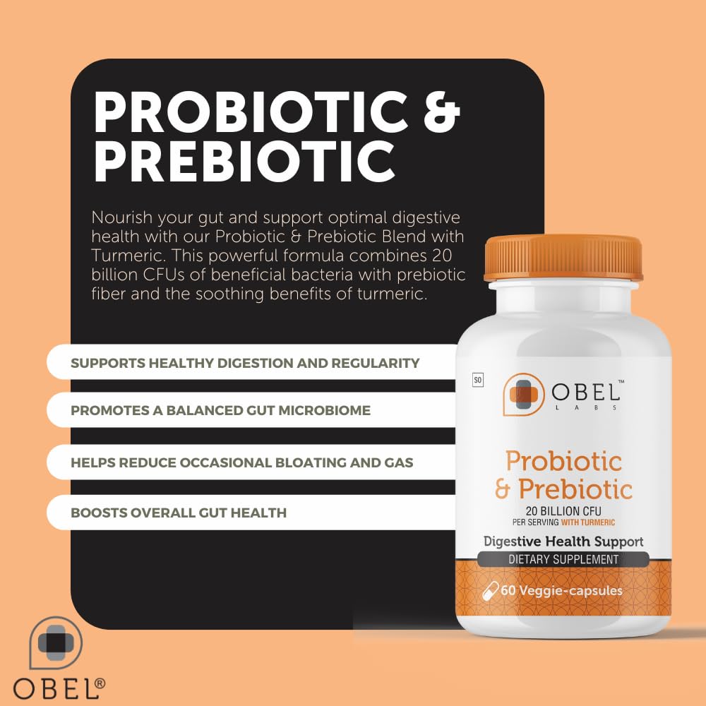 obel Probiotic & Prebiotic Supplement with Turmeric | 20 Billion CFU | 60 Capsules (30 Day Supply) | 4 Strains | Supports Digestion - dailyvitalstore