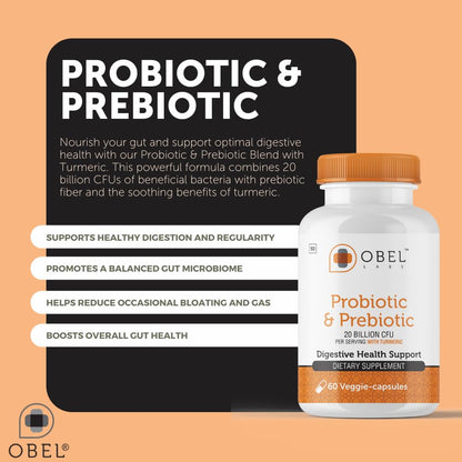 obel Probiotic & Prebiotic Supplement with Turmeric | 20 Billion CFU | 60 Capsules (30 Day Supply) | 4 Strains | Supports Digestion - dailyvitalstore