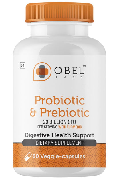 obel Probiotic & Prebiotic Supplement with Turmeric | 20 Billion CFU | 60 Capsules (30 Day Supply) | 4 Strains | Supports Digestion - dailyvitalstore