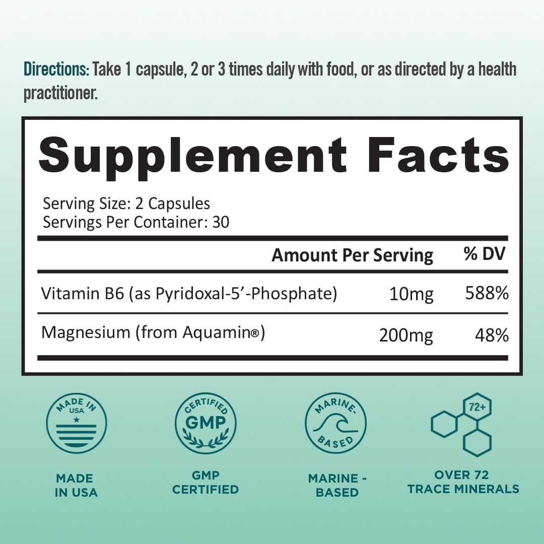 Ocean Magnesium 200mg Aquamin | More Soluble Than Magnesium Glycinate | Whole Food Mag B6 Supplement for Women | Gentle on Stomach & Vegan | Sleep Support, Calms Nerves & Leg Cramps | 60 Ct - dailyvitalstore