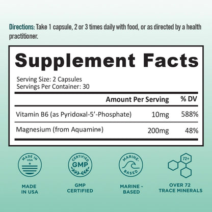 Ocean Magnesium 200mg Aquamin | More Soluble Than Magnesium Glycinate | Whole Food Mag B6 Supplement for Women | Gentle on Stomach & Vegan | Sleep Support, Calms Nerves & Leg Cramps | 60 Ct - dailyvitalstore