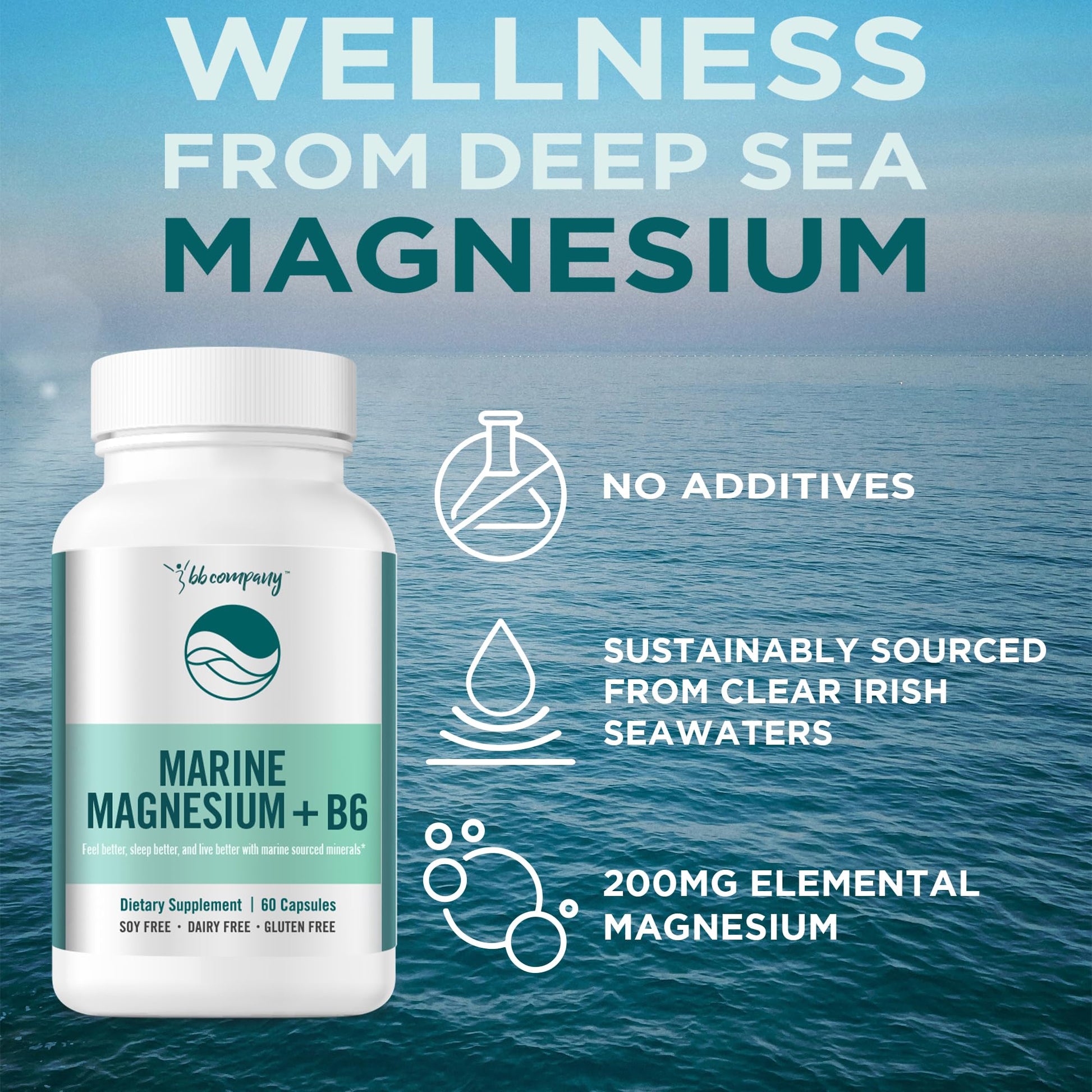 Ocean Magnesium 200mg Aquamin | More Soluble Than Magnesium Glycinate | Whole Food Mag B6 Supplement for Women | Gentle on Stomach & Vegan | Sleep Support, Calms Nerves & Leg Cramps | 60 Ct - dailyvitalstore