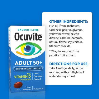 Ocuvite 50+ Eye Vitamin & Mineral Supplement, Multivitamin for Vision & Ocular Health with Omega-3, Zinc, Vitamins C & E, Lutein & Zeaxanthin, Zinc Supplements for Women and Men, 50 Softgels - dailyvitalstore