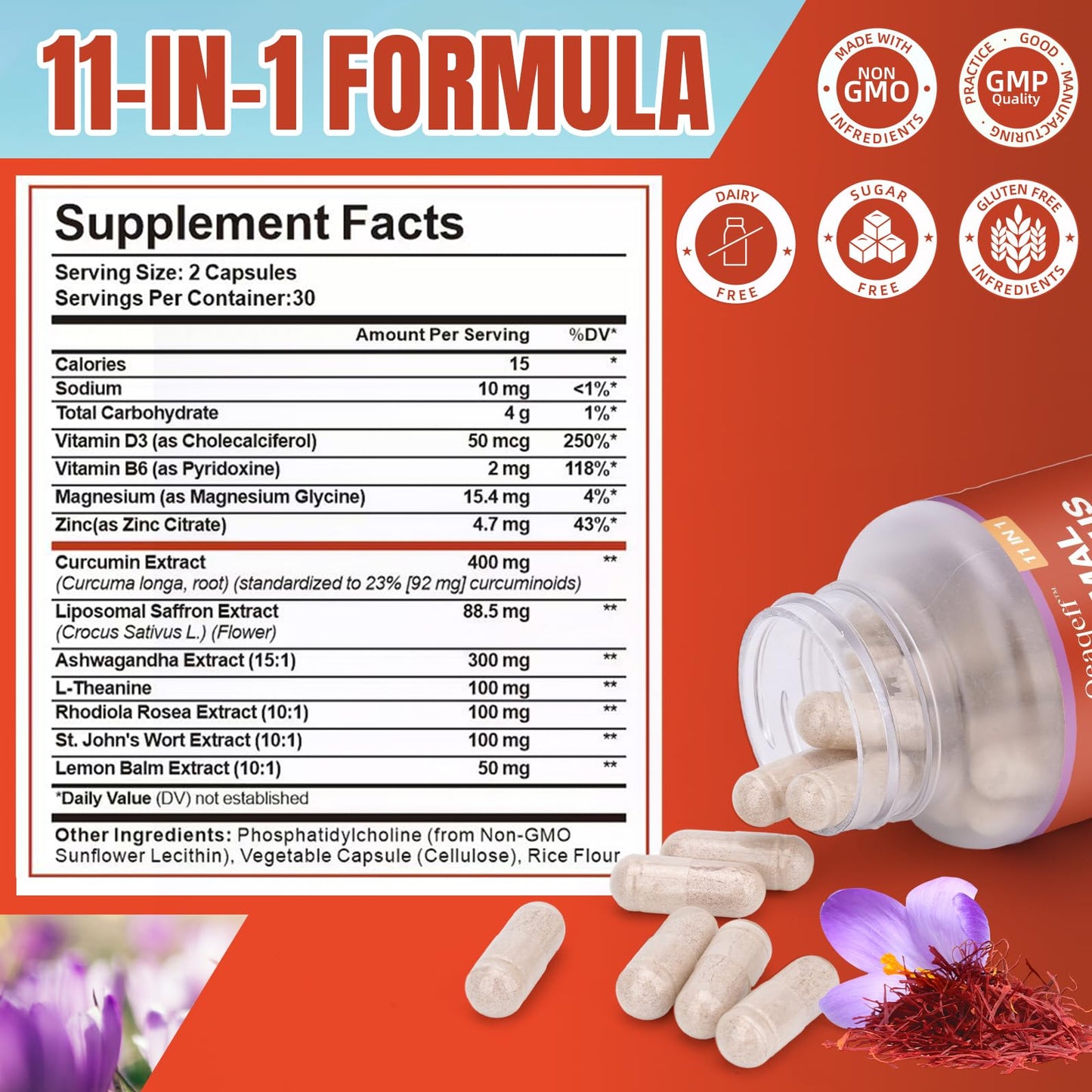 Oeaqeff Liposomal Saffron Supplements -11 in 1 100% Pure Saffron Extract 88.5 mg Maximum Absorption for Mood, Energy & Vision,Vegan, Non-GMO - 60 Vegan Capsules (1) - dailyvitalstore