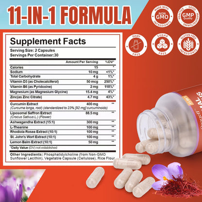 Oeaqeff Liposomal Saffron Supplements -11 in 1 100% Pure Saffron Extract 88.5 mg Maximum Absorption for Mood, Energy & Vision,Vegan, Non-GMO - 60 Vegan Capsules (1) - dailyvitalstore